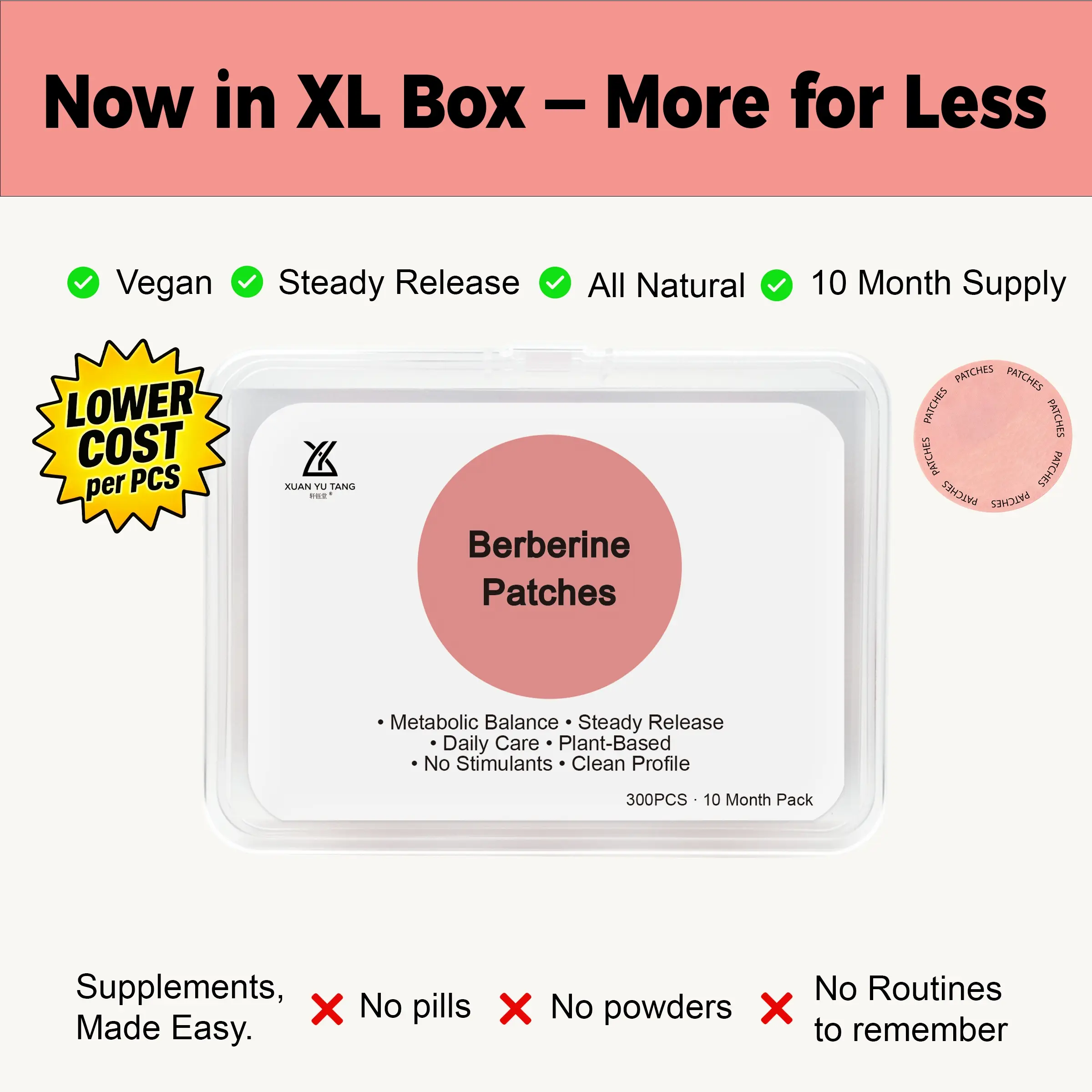 Berberine Patches 300 Count, Steady Release, Vegan, 10-Month Supply, Ideal for Daily Use, Convenient Storage Solution