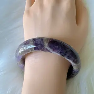 Amethyst Bangle Bracelet Natural Gemstone Jewelry Gift for Her Crystal Healing Bangle for Mom February Birthstone Purple Stone Bracelet, Inner Diameter 57.4mm, Width 15mm natural gemstone