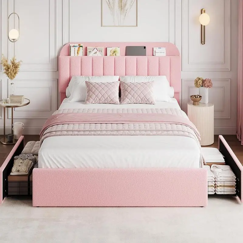 Gaomon Contemporary Upholstered Full Bed Frame with Boucle Upholstered Storage Headboard, 2 Drawers, Bookcase Design, No Box Spring Required, Pink, Contemporary Upholstered Bed