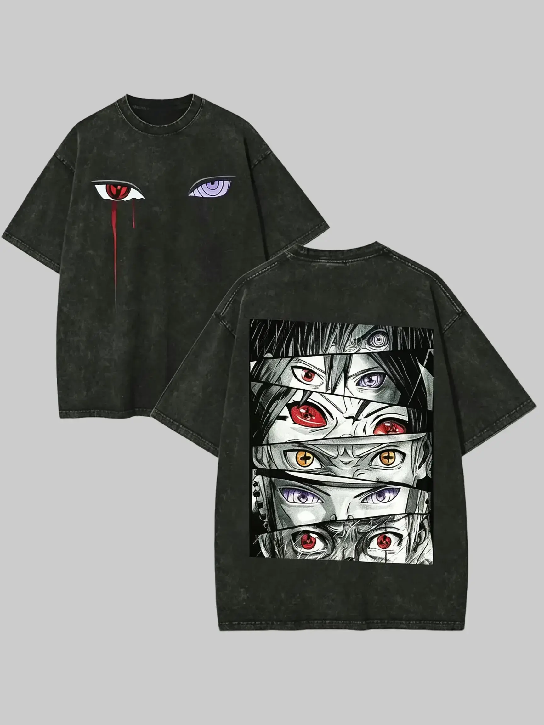 Men's Naruto Sharingan Graphic Tee, Vintage Washed Heavyweight Cotton Top, Oversized Drop Shoulder, Casual Distressed Streetwear, Menswear, Oversized Graphic Tee, Men's T Shirts, Anime Merchandise