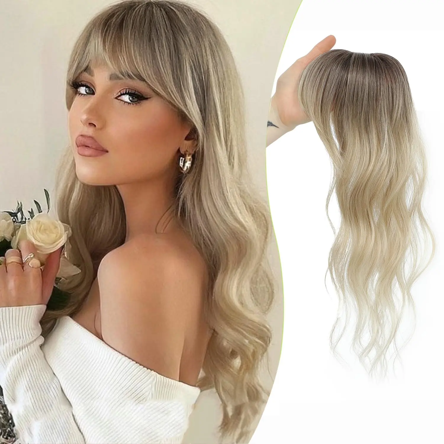 18 Inch Light Blonde with Dark Root Hair Topper Clip in Bangs Synthetic Hair Clip 360° 3D Cover Clip in Bangs Wispy Fake Bangs Toppers for Daily Wear Hair Pieces for Women #TikTokShopDealsforYouDays