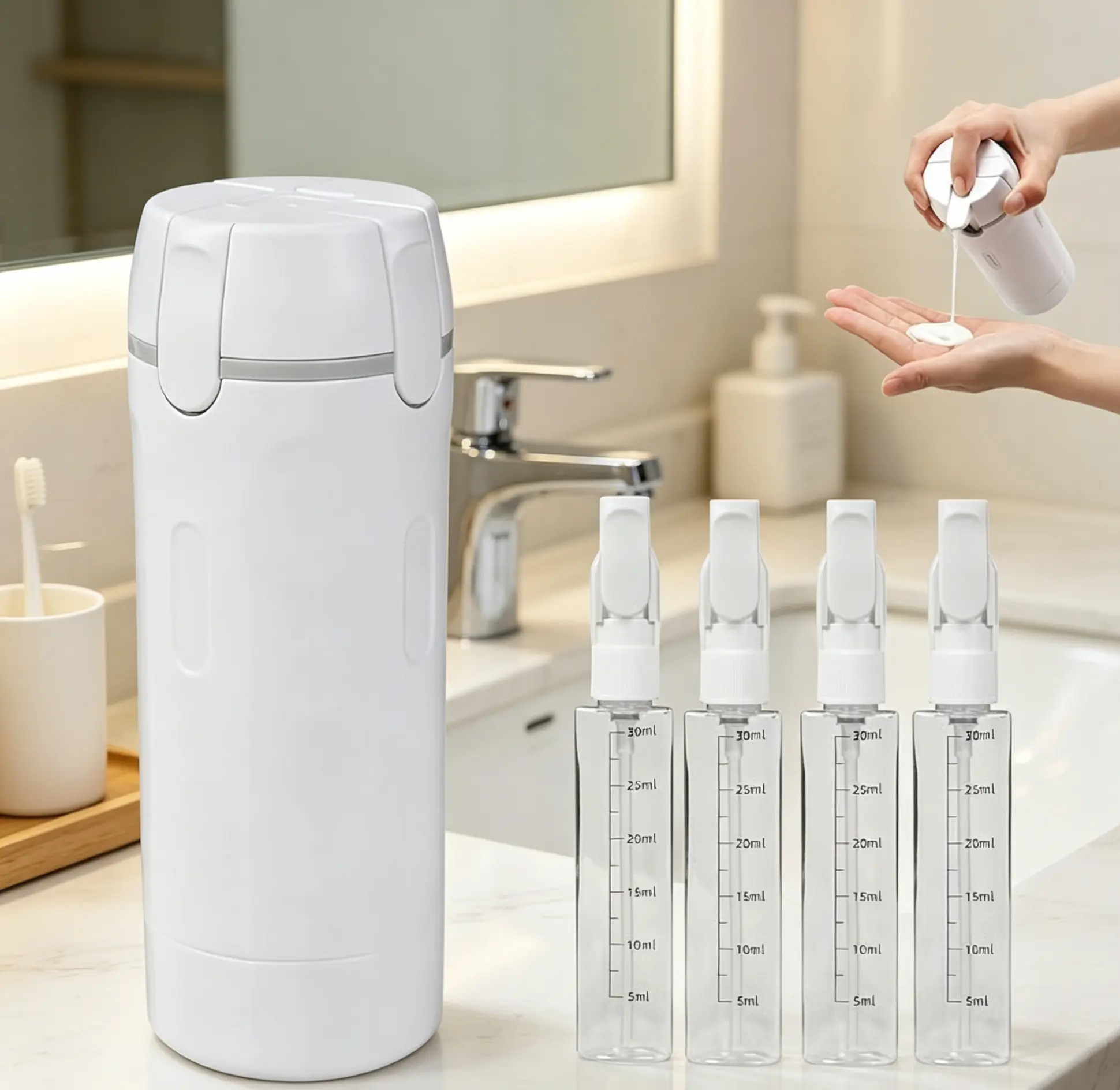 30ml Compact Foldable Travel Pump Bottles Set (4-Pack) - Leak-Proof, Detachable 4-in-1 Containers with Cover, Measurement Scale, Label Stickers, PVC-Free Lightweight Reusable Liquid Vessels for Travel, Outdoor Use