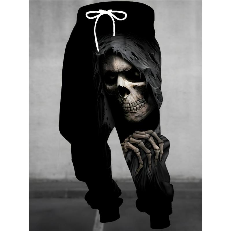 Men's  Skull Print Joggers with Drawstring & Pockets - Stylish Halloween Sweatpants, Black Casual Trousers, Polyester Knit Fabric, Machine Washable