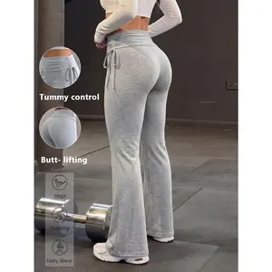 Women's Gray Flare Yoga Pants, Foldover Waist Drawstring Flared Leggings for Training and Daily Wear