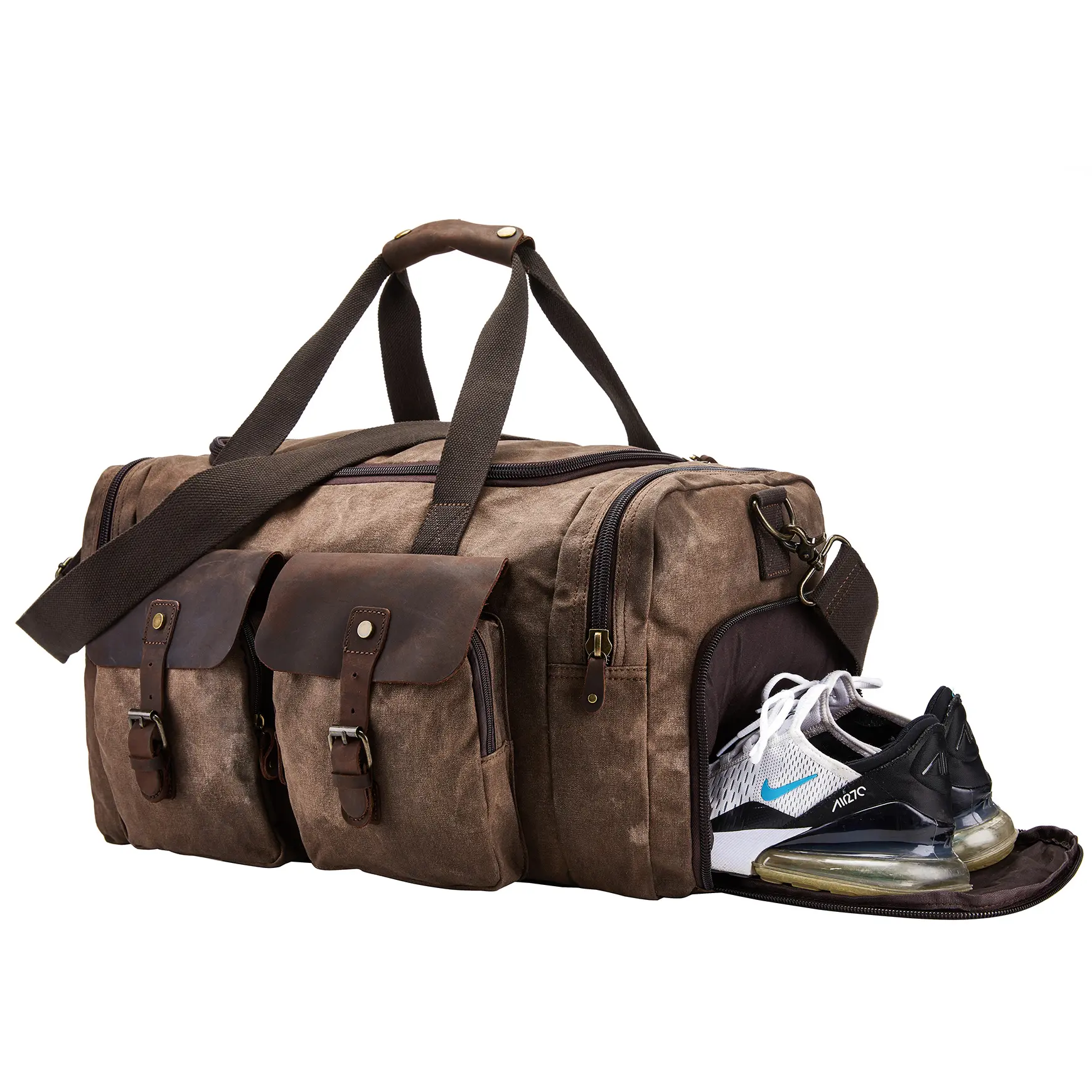 Waxed Canvas Vintage Overnight Duffel Weekend Travel Bag Waterproof For Men Women with Shoes Compartment