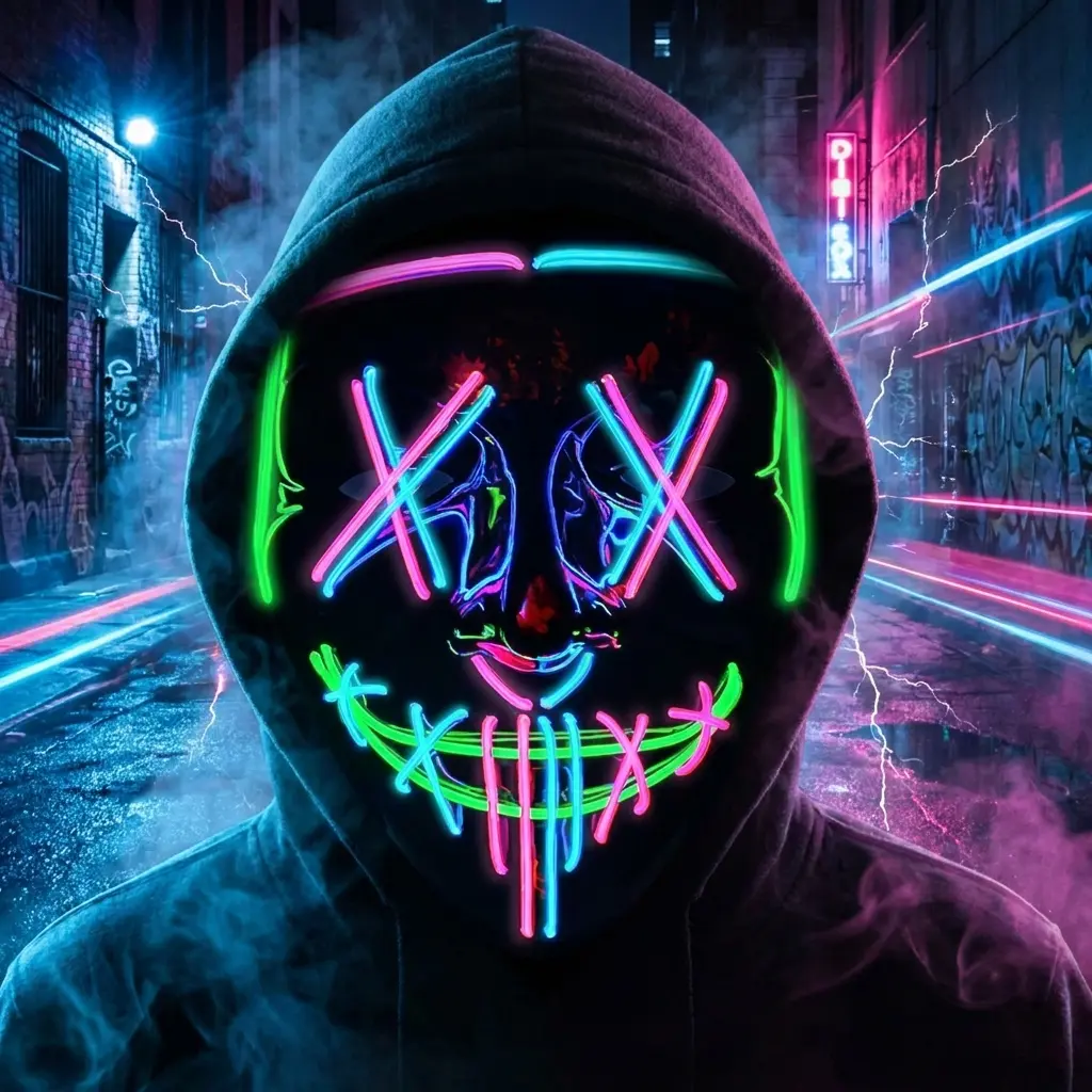 The Purge Mask, Neon EL Wire Light Up Scary Horror Mask, X Eyes Stitched Smile LED Glowing Mask, Halloween Cosplay Costume Mask for Rave, Music Festival, Club, Carnival, Nightclub & Themed Parties