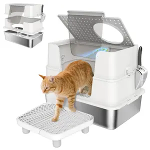 PawHut XL Stainless Steel Litter Box with Lid, Top & Side Entry Enclosed Litter Box with 100° Flip Top, Scoop, Step, Non-Sticky, Anti Leakage