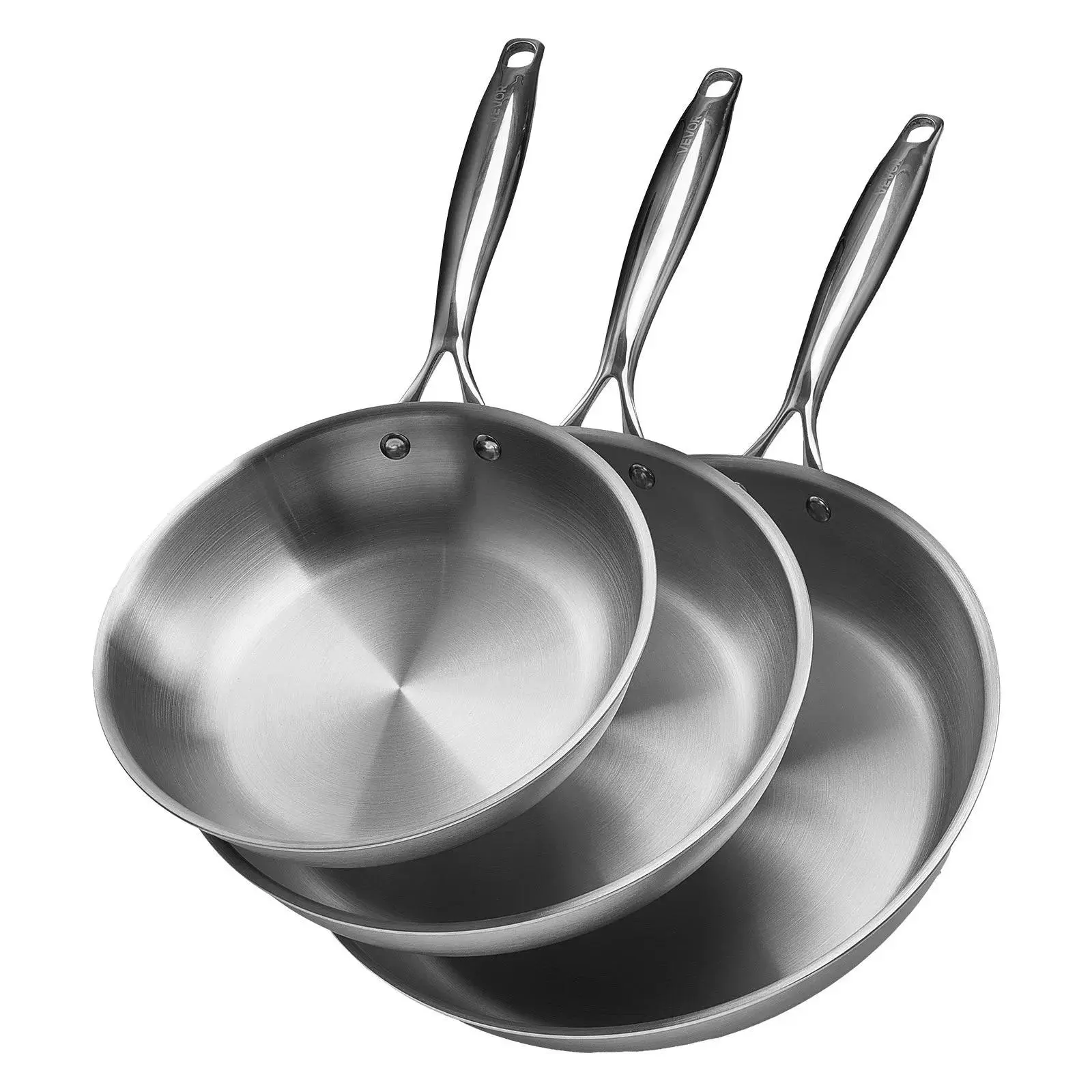【Summerfinds】VEVOR Tri-Ply Stainless Steel Frying Pan,  3 Pcs Set (8, 10, 12 in), Cooking Skillet with Heat-Resistant Handle, Chef's Kitchen Cookware, Oven, Gas, Electric, Induction, Dishwasher Compatible, Silver, Heat-Safe, Multi-Size