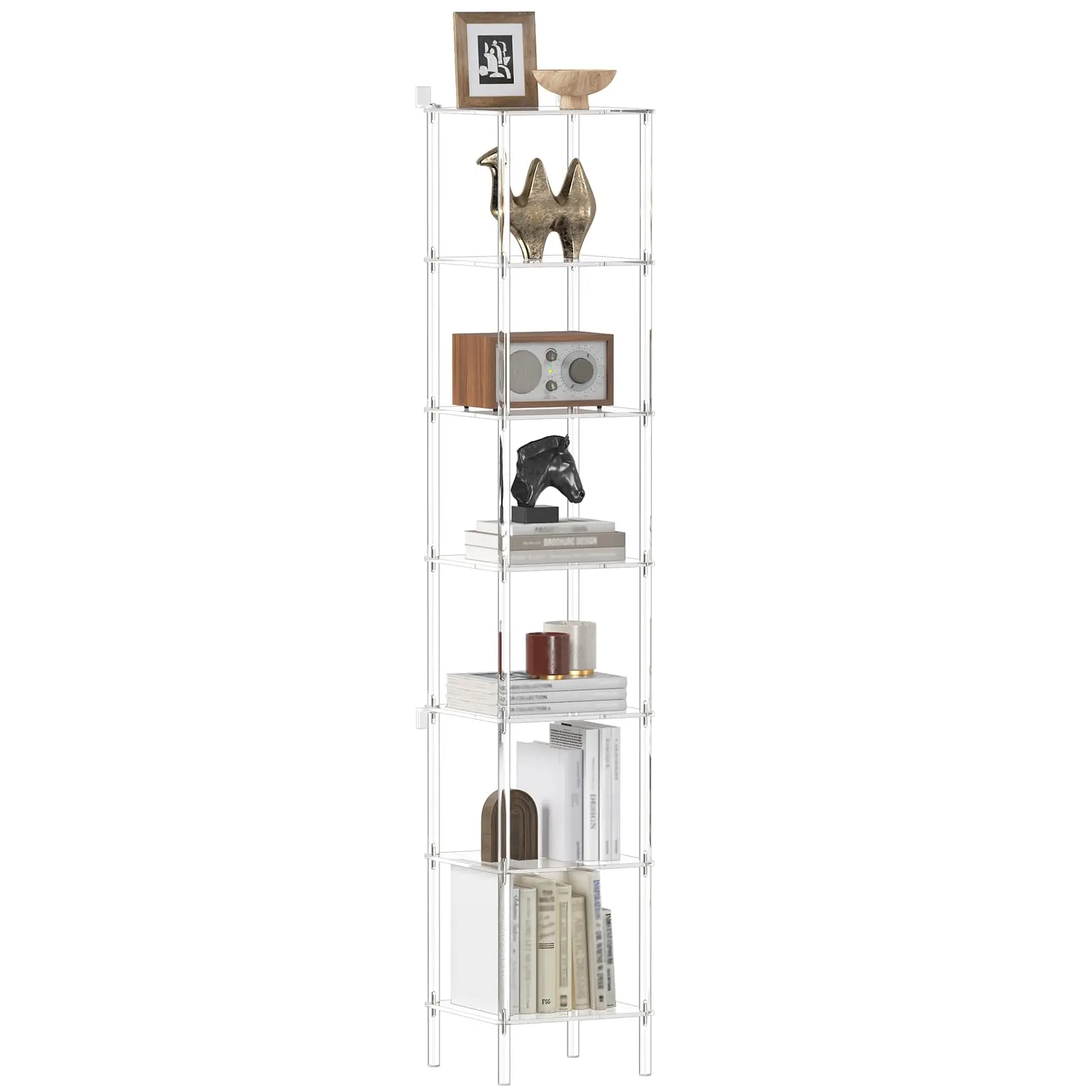 7-Tier Square Acrylic Bookshelf, Clear Tall Narrow Bookcase for Small Space, Corner Open Display Book Shelves for Home Office, Living Room, Bedroom, Modern, 11.6''W x 63.7''H