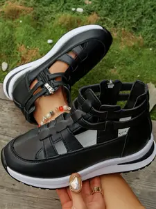 Summer New Wedge Heel Sandals Open Toe Hollow Out Breathable Women's Large Size Chunky Thick Sole Velcro Fastening Wedge Shoes