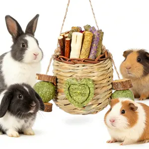 Rabbit Chew Toys Hanging Basket – Sweet Bamboo, Timothy Hay, and Peach Sticks for Teeth Grinding – Perfect for Bunnies, Chinchillas, Guinea Pigs, Hamsters, and Rats