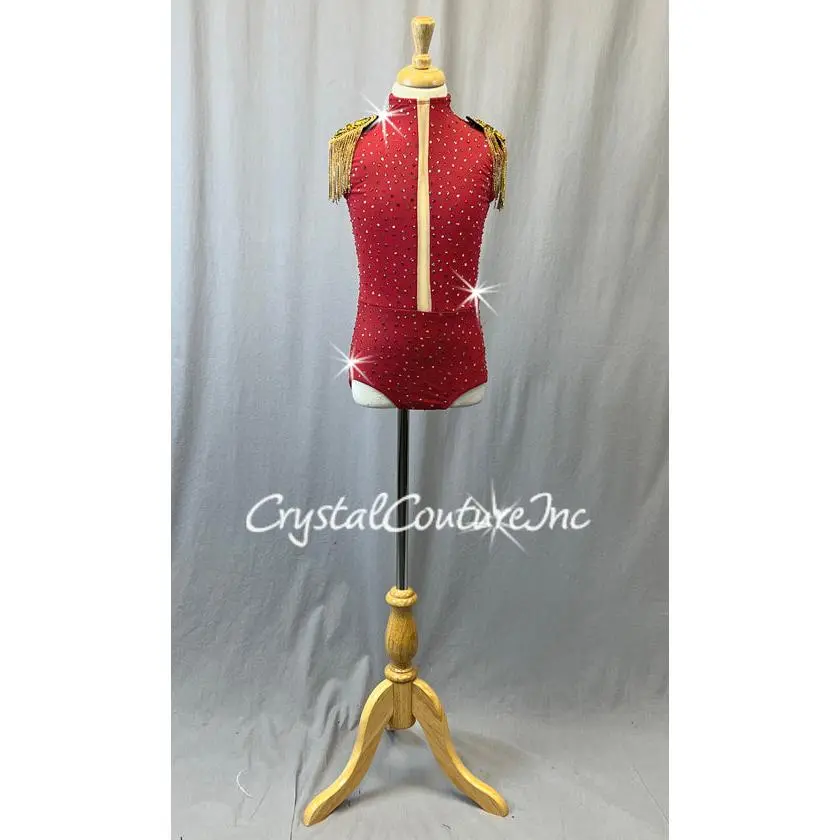 Red High Neck Leotard with Gold Chainmail Epaulettes - Rhinestones