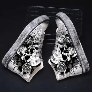 Men's High-Top Canvas Shoes with Skull and Roses Print - Casual Rock Style Lace-Up Sneakers with Distressed Graffiti Look - Universal Fit All-Season Fabric Lined Rubber Sole Shoes  Closed Training Footwear Trainer Athletic Runner Boy Running