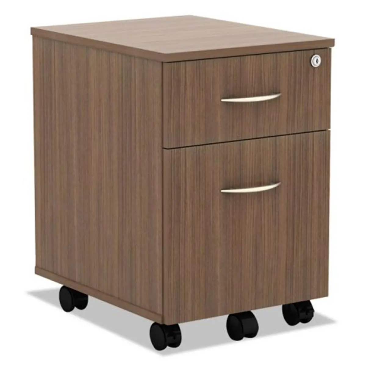 Alera ALEVABFWA Valencia Series Mobile Box & File Pedestal Filing Cabinet - Modern Walnut Laminate, Wheels, Key Lock, Easy Access Office Commercial Furniture