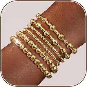 Gold Bracelets for Women 14K Gold Plated Stackable Bead Ball Bracelet Set Stretch Gold Beaded Bracelets Gold Jewelry for Women Gifts