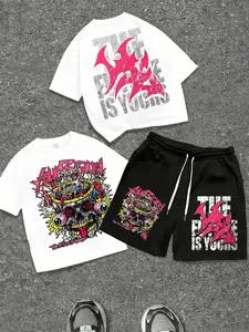 Streetwear Fashion Men's Two Piece Set -The Future Is Yoursyour Brand Pattern Printed T-Shirt+Shorts, Cotton Soft Fabric, Suitable For Leisure Outing, Vacation, Breathable And Comfortable Street