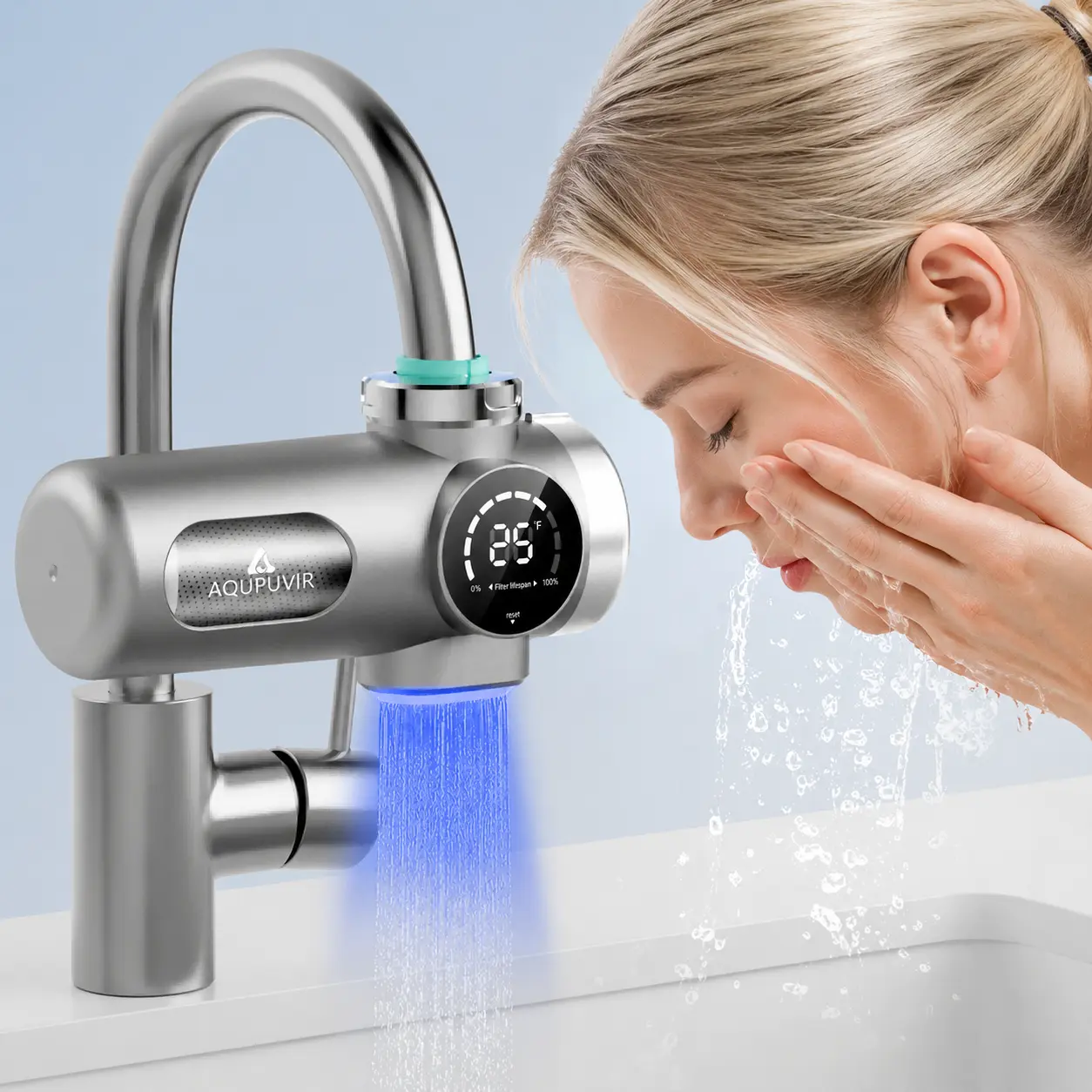 Bathroom UV Faucet LED Water Filter System, NSF Certified Sink , Removes Heavy Metals & Impurities, Soft Pressurized Water Mode, Easy Install, Modern Silver Faucet Filter, Bathroom Sink Water Purifier, Bathroom Upgrade, Home Spa Essential
