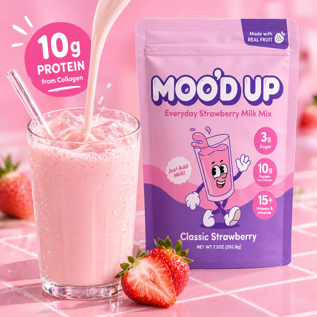 Moo’d Up Strawberry Milk Mix - Low Sweetness, Dairy-Free, Better-For-You Drink Mix