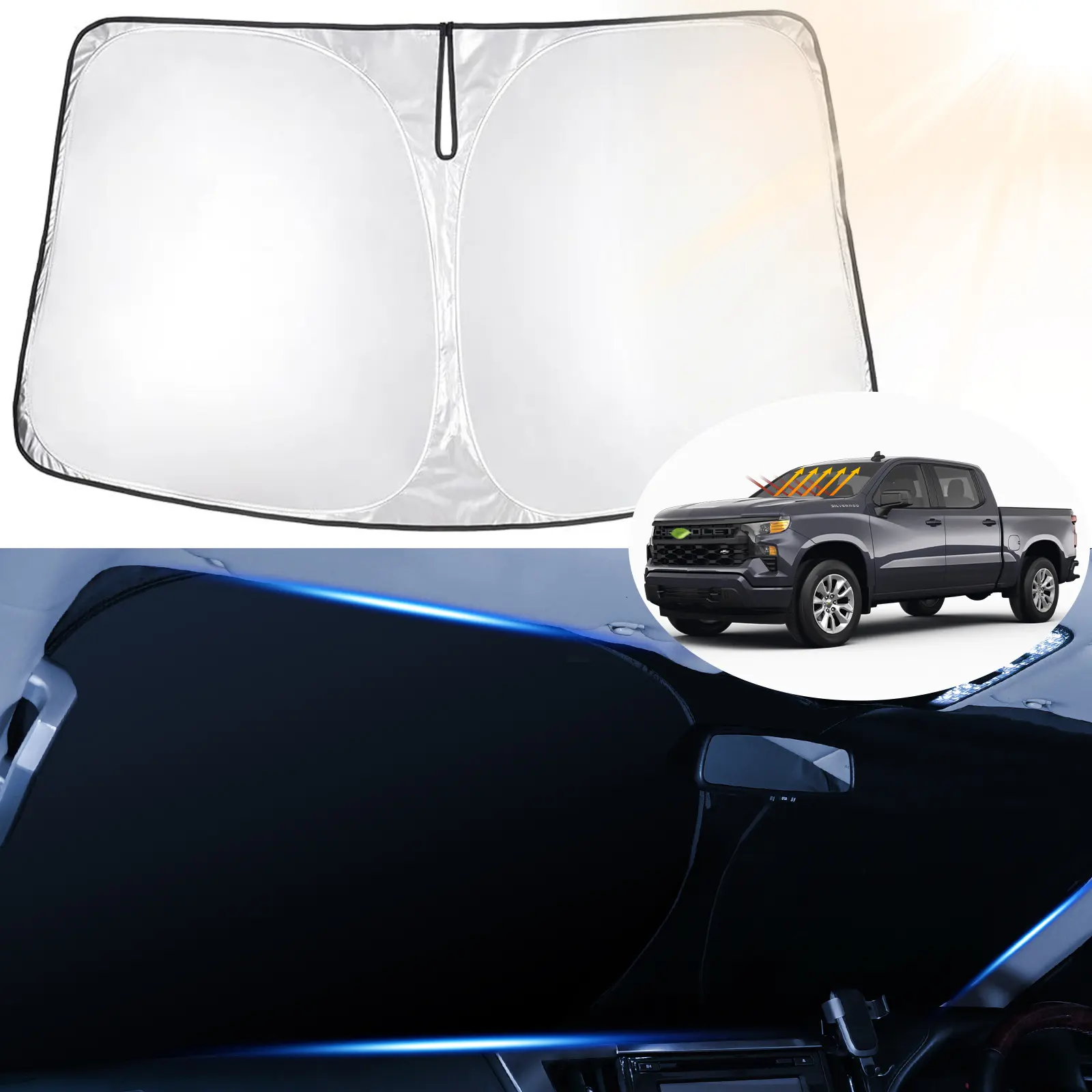 Canvcle Windshield Sun Shade for 1999-2026 Chevrolet/Chevy Silverado 1500 Accessories, Regular Cab, Crew Cab, Double Cab 2Dr 4Dr Custom Fit Window Shade Sun Visor 240T 5 Layers Foldable Blocks UV Rays