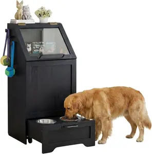 Dog Food Storage Cabinet with Large Capacity - Pet Food Storage Cabinet with 2 Removable Stainless Steel Bowls, Tempered Glass for Cats&Dogs - Fits Living Room, Bedroom