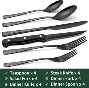EWFEN 24-Piece Black Silverware Set with Steak Knives, Black Flatware Set for 4, Food-Grade Stainless Steel Tableware Cutlery Set, Mirror Finished Utensil Sets for Home Restaurant, Tree Pattern