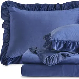 Plush Flannel Sheet Set -  Size 4- - Ruffled Edge Design, 16 Inch Deep Pocket, Anti-Pilling & Fade Resistant - 220 GSM Breathable Luxury -Season Bedding, Navy