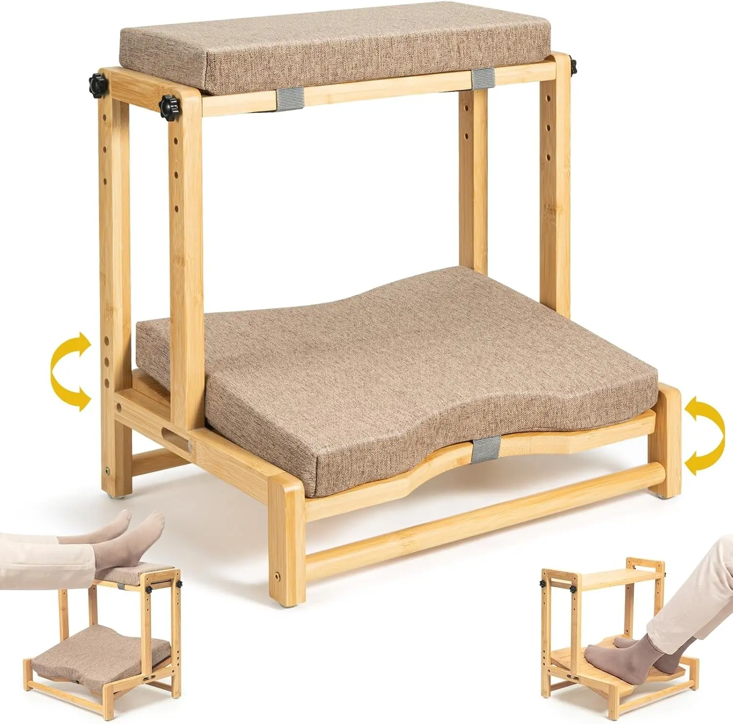 Two-Tier Bamboo Desk Footrest, Adjustable Ergonomic Leg Rest with Cushion, Adjustable 4 Heights Leg Rest with Removable Cushion, Wide Ergonomic Platform Ideal for Office, Gaming, and Study