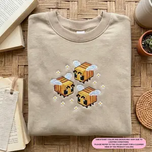 [Made in US] Embroidered Bee Sweatshirt T-shirt Hoodie, Pixel Art Bumblebee, Retro Gamer Hoodie, Save The Bees Crewneck, 8bit Insect Shirt, Cottagecore Aesthetic