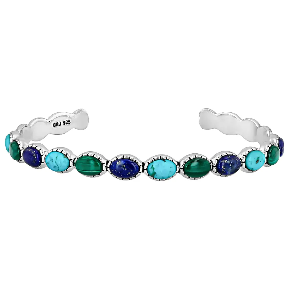 JTV Silver Bangle Bracelet with 7x5mm Blue Composite Turquoise, Blue Lapis Lazuli, and Green Malachite Natural Crystal Jewelry Accessory