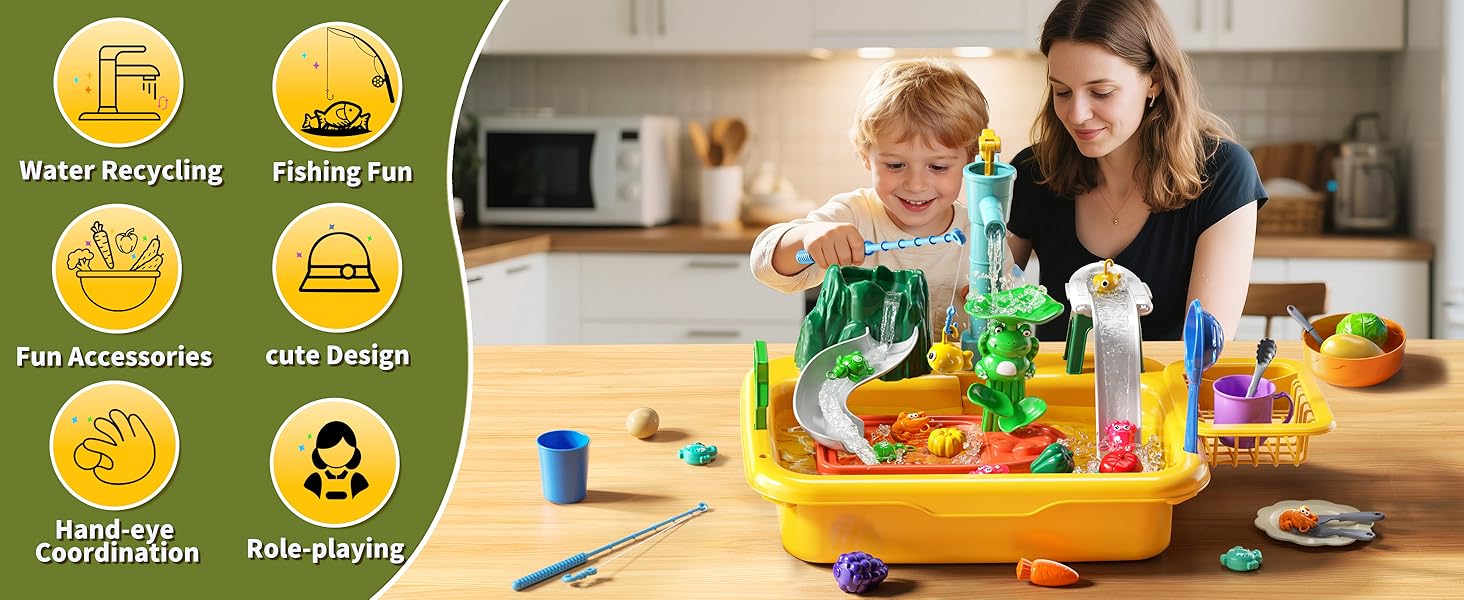 Play Sink with Running Water（ Fishing Games ）, Pretend Play Kitchen Sink with Upgraded Electric Faucet, Realistic play set learning cookingset Plastic Toy Outdoorfun Fun Cleaning Playset，Girls Role Play Gift#SummerVibes