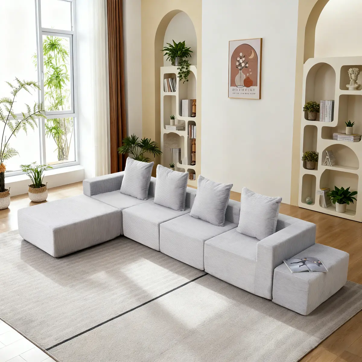 Aobtkel 4-Seater Striped Corduroy Modular Sectional Sofa - Reconfigurable, Oversized Chaise, Ottomans, Vacuum-Pack Soft Cloud Comfy Couch for Families, Office, Small Living Rooms, Various Space-Saving Room Types (Gray)