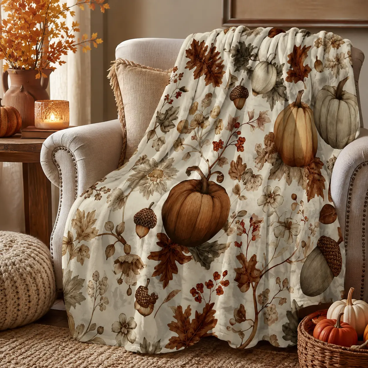 Rustic Autumn Pumpkin Flannel Throw Blanket with Brown Pumpkin, Acorn, Wildflower and Maple Leaf Print, Soft Cozy Lightweight Fleece Blanket for Couch, Bed, Sofa and Travel, Farmhouse Fall Home Decor Gift for Women, Adults and Thanksgiving Lovers