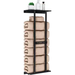 30 Inch Wall Mounted Bathroom Towel Rack with Storage Shelf, Black Towel Storage Organizer Holds 6 Large Towels, Wall Towel Holder for Rolled Towels Bathroom Use