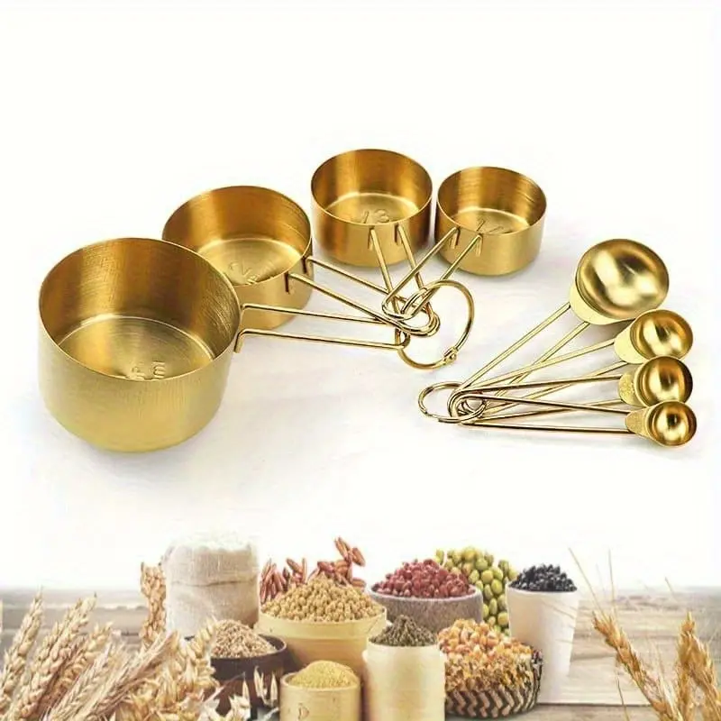 4/8 piece vibrating light handle measuring cup and spoon set, made of 430 stainless steel food contact grade material, used for baking and cooking liquid and dry ingredients, high-end Christmas gift gold kitchen small tool.