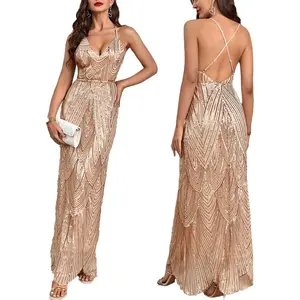Women's V Neck Spaghetti Straps Sequin Sparkly Glitter Irregular Hem Prom Dress Backless Maxi Evening Gowns