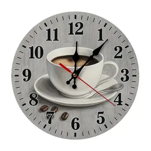 12 Inch Vintage Coffee Bean & Teacup Wooden Wall Clock| Silent Sweep Movement Gray Wood Plank Design, Battery Not Included, Ideal for Cafe, Kitchen, Living Room, Office