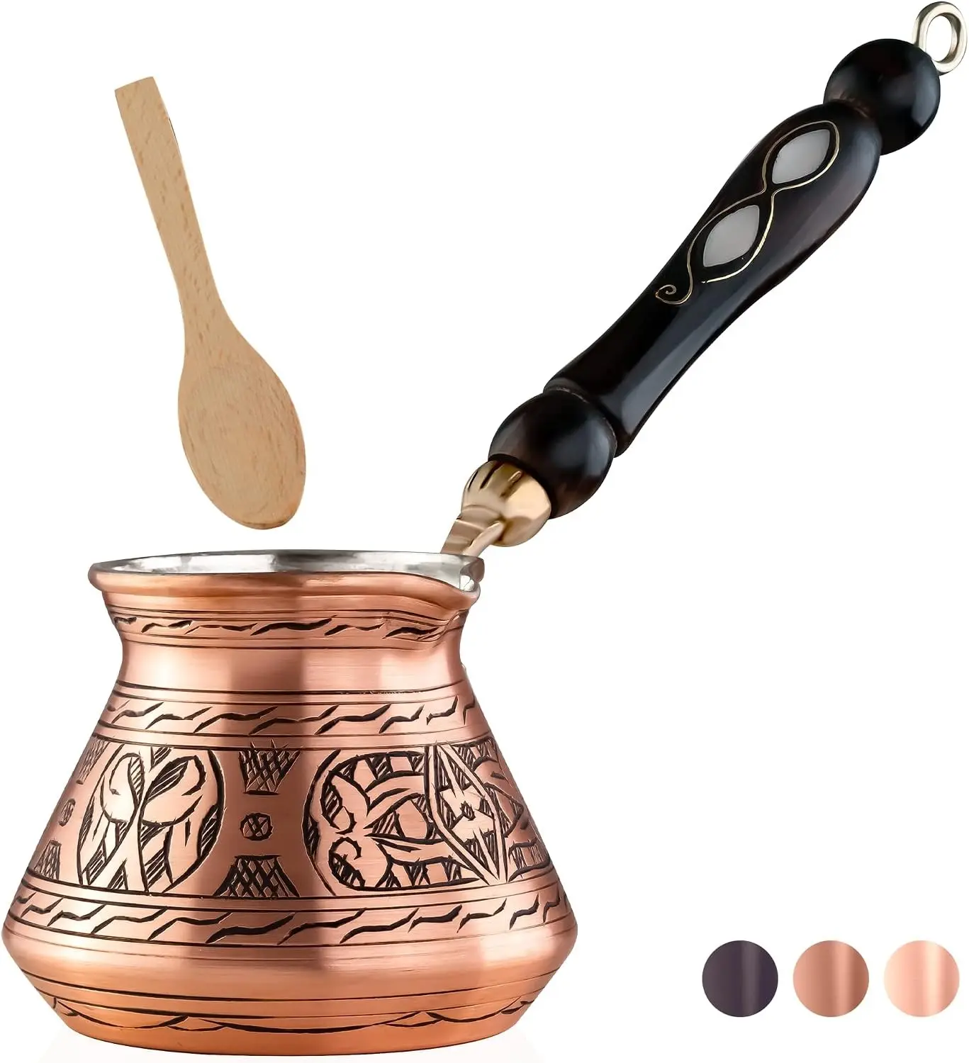 12 Oz Copper Turkish Greek Arabic Coffee Pot with Wooden Handle 4 Servings Cezve Ibrik Briki Stovetop Coffee Maker Includes Wooden Spoon