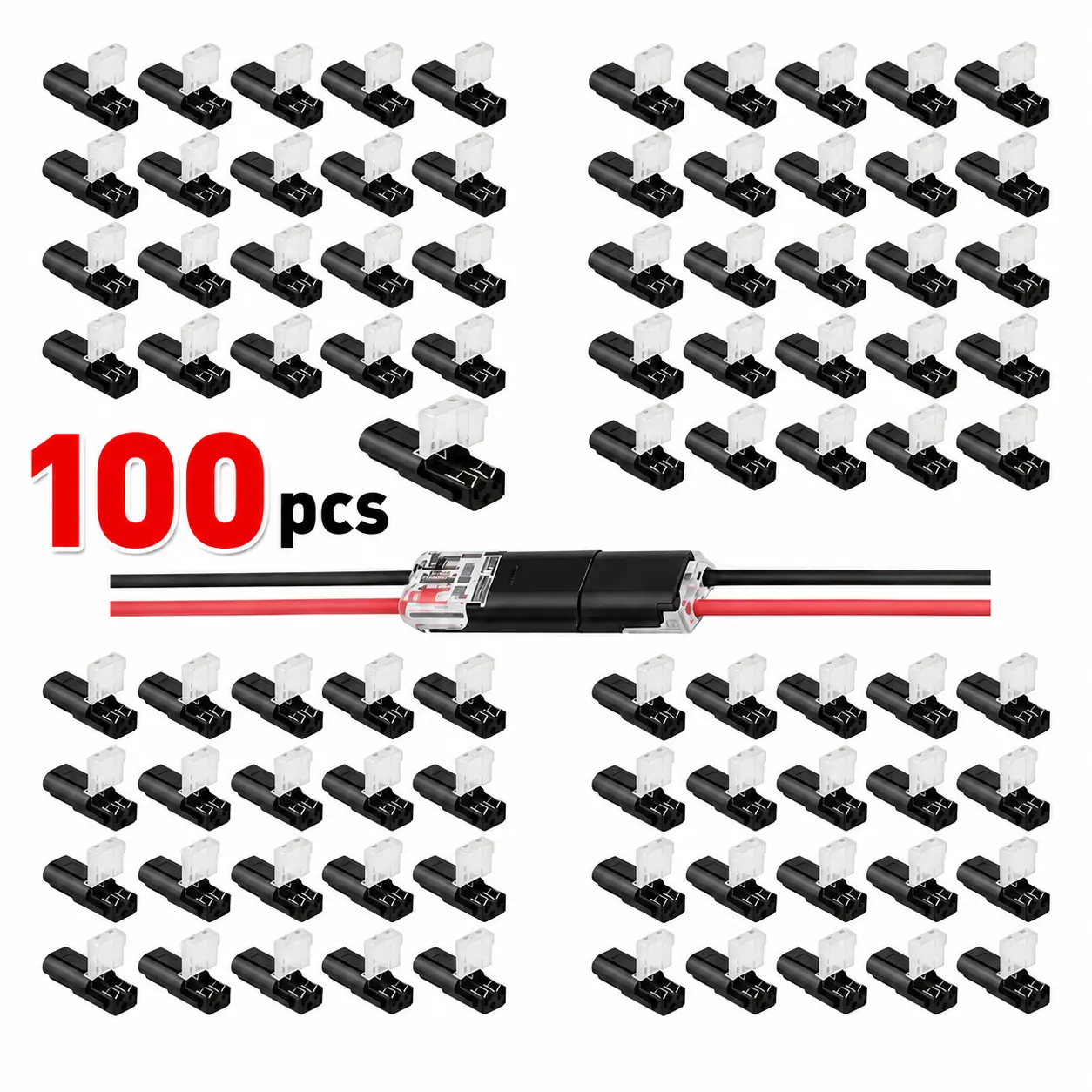 100 Pcs Compact 2-Pin Solderless LED Strip Wire Connectors, Quick Splice Electrical Connectors with Secure Snap-In Locking, Dual-Way for Low-Voltage LED Strips, Automotive Wiring