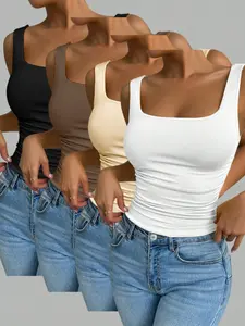 New Fashion Women's Basic Slim Fit Casual Comfortable Soft Square Neck Vest Set, 4 Piece Set, Spring & Fall, Plain Pattern, Fitted Style Tops, Outfits