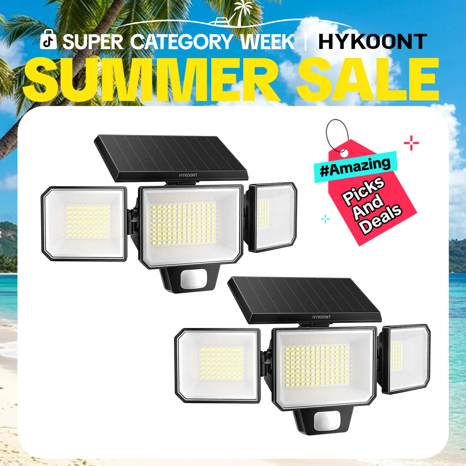 HYKOONT Solar Outdoor Flood Lights, 3000LM 299-LED Security Lights with 3 Dimmable Heads, 3 Modes, IP65 Waterproof, Wide Angle Illumination and PIR Motion Inductor, Solar Flood Lights
