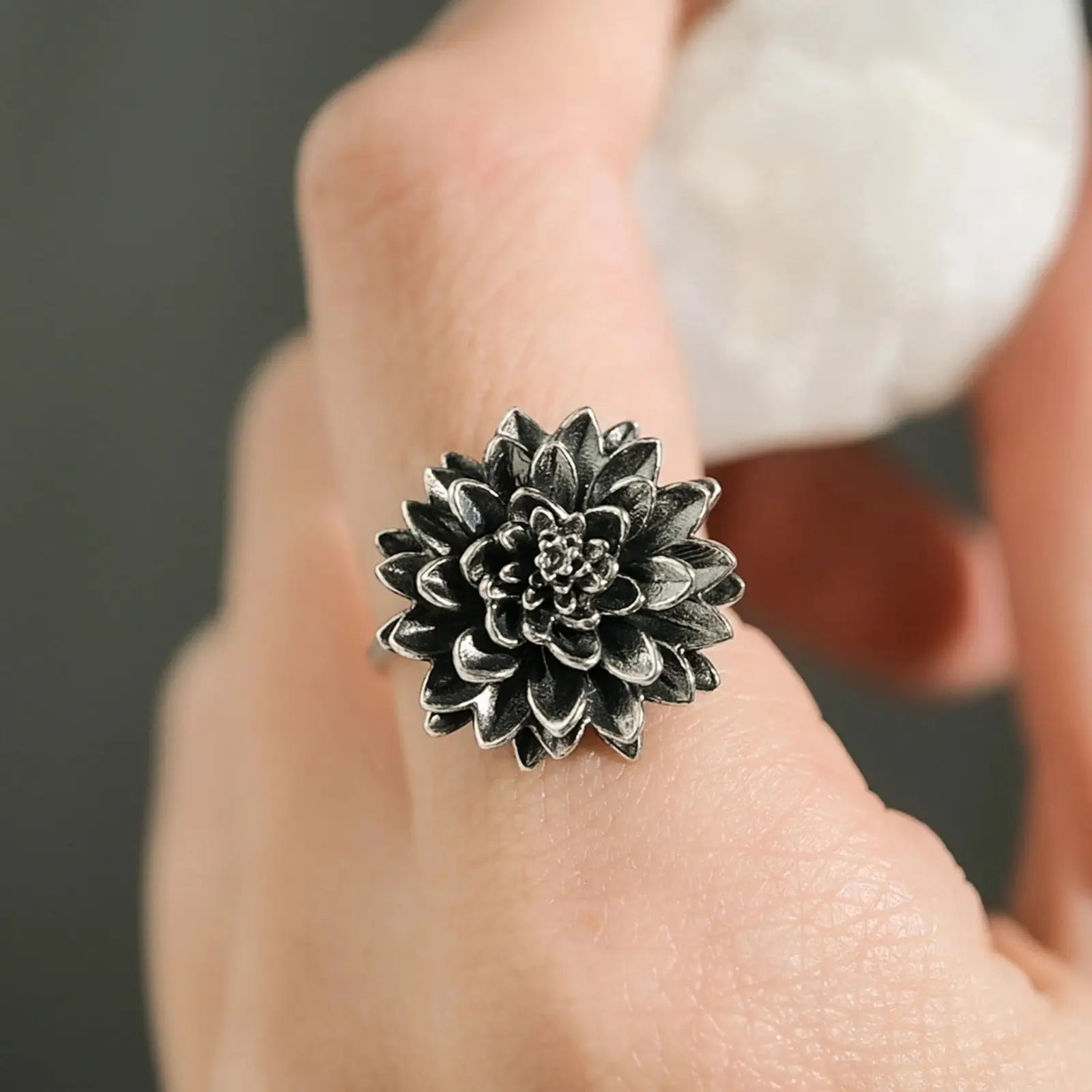 Women's Vintage Bohemian Dahlia Ring, Botanical Statement Costume Jewelry, Birthday Gift