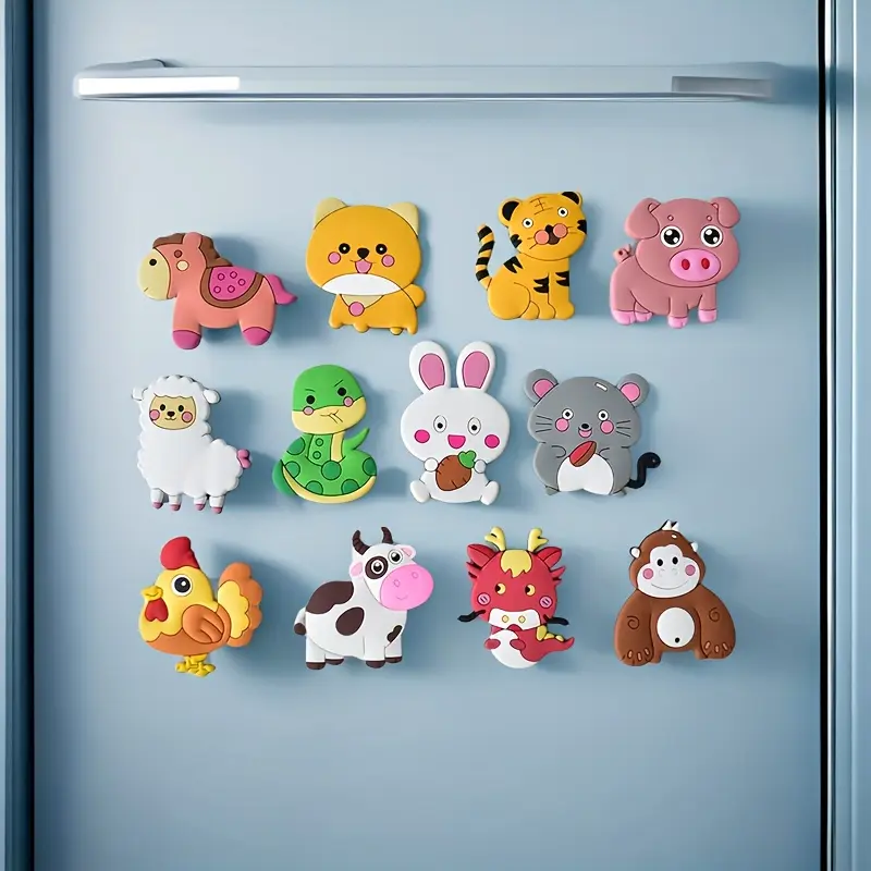 Cute Animal Refrigerator Magnets Set, 12pcs Magnetic Fridge Magnets for Kids, Rabbit Pig Tiger Cow Design, Perfect for Whiteboard & Shelf Use, Home Decor, Toddler Fridge Magnets