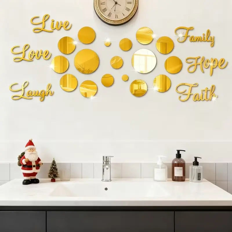 32pcs, Gold Letter Circular Acrylic Decorative Mirror Wall Decals, Stickers Mirror, Decoration Sticker, Self-Adhesive Removable DIY Full-Length Mirror & Vanity Mirror Decorations for Modern Bathrooms, Bedrooms, and Living Rooms