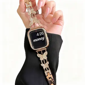 (Solo eslabón de reloj)Fine butterfly diamond studded metal bracelet for Apple Watch - Business & Dressy Strap Compatible Ultra 2/Ultra/Series 10-1/SE/SE2 (38-49mm) Women (Watch Not Included) Rose Gold Wearable