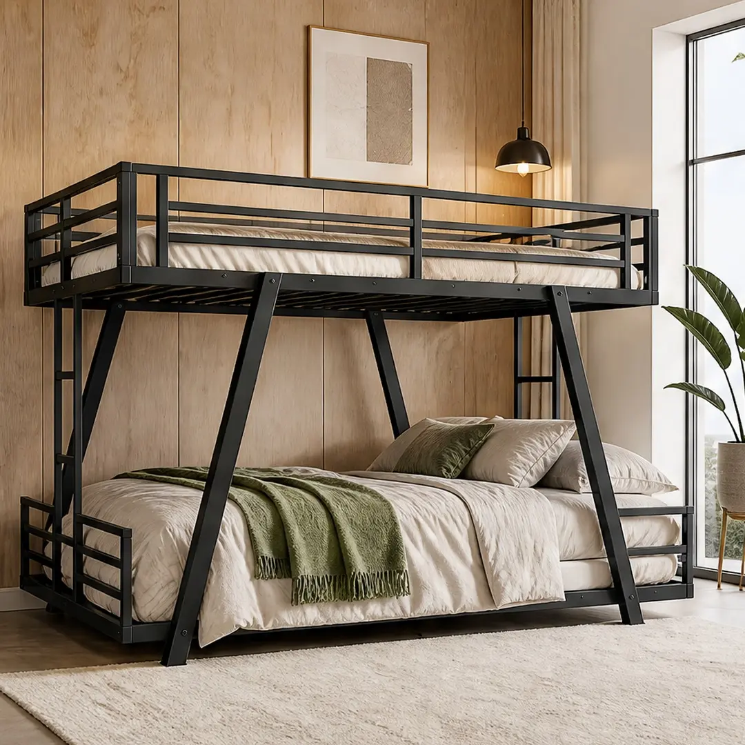 Queen over Queen Bunk Bed with 2 Side Ladders, Metal Low Profile Bunk Bed Frame for Kids Teens Adults, Space-Saving Twin XL/Full/Queen Options, Heavy Duty Support Legs, Black Finish for Bedroom Dorm Guest Room, Full/Queen/Twin XL Size Options