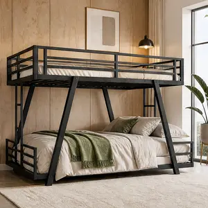 Queen over Queen Bunk Bed with 2 Side Ladders, Metal Low Profile Bunk Bed Frame for Kids Teens Adults, Space-Saving Twin XL/Full/Queen Options, Heavy Duty Support Legs, Black Finish for Bedroom Dorm Guest Room, Full/Queen/Twin XL Size Options