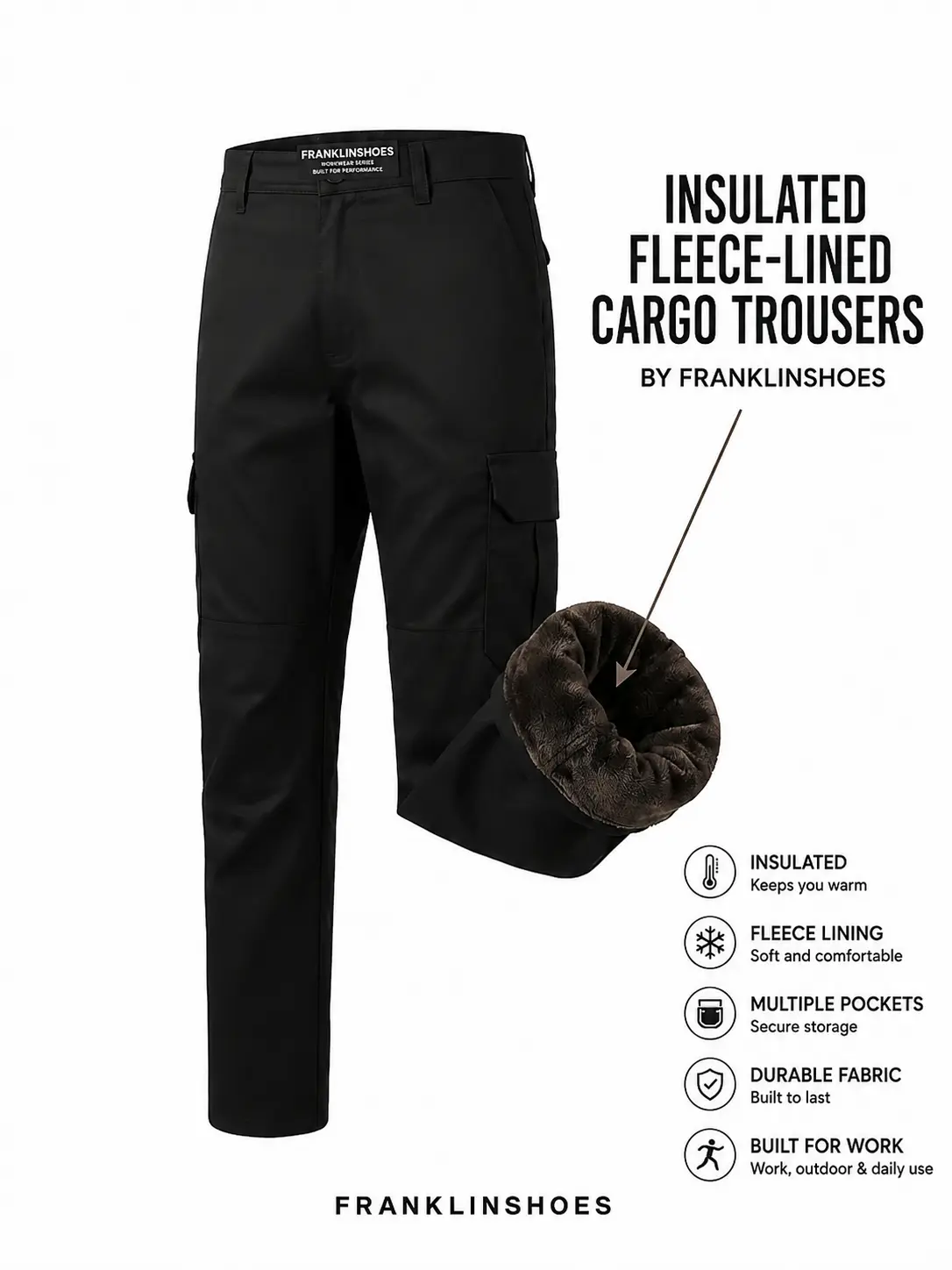 Thermal Men's Warm Fleece-Lined Cargo Pants in Plain Stretch Cotton for Winter Work & Casual Menswear, Stylish, All Purpose Pants, Casual Comfy Trouser, Button, Mid Waist, Fitted Cut, Cargo Pockets, All Seasons, Basic Look, Beware Pants Run Small
