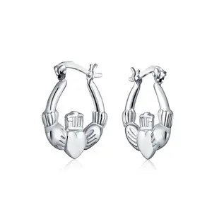 BFF Love Heart Celtic Claddagh Hoop Huggie Earrings Silver