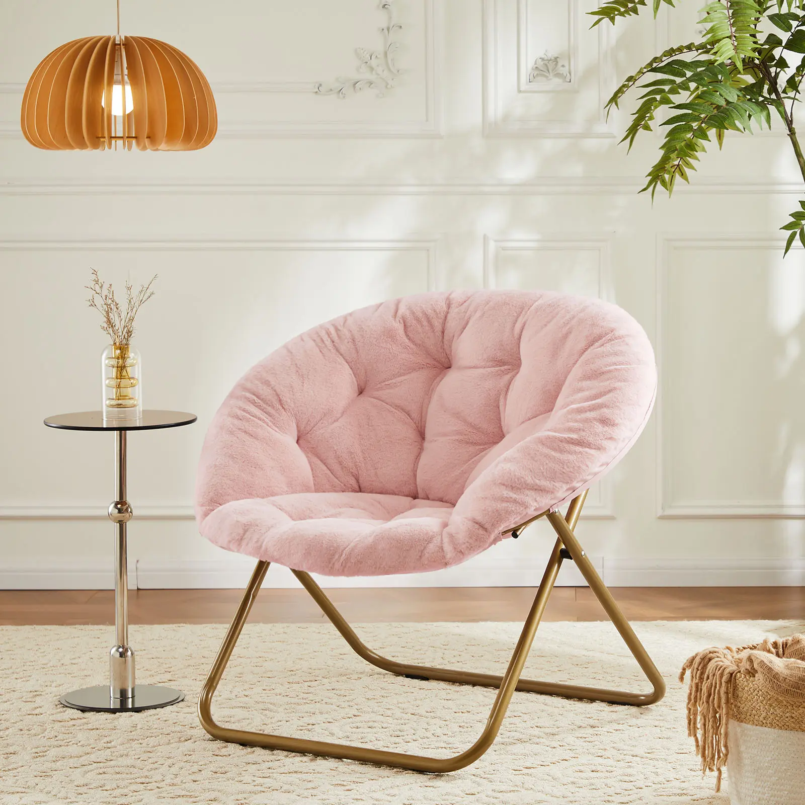 【Deal】Faux Fur Folding Saucer Chair - Round, Armless, Relaxation Chair with Soft Thick Padded Seat for Living Room Reading Lounge Indoor Furniture, Round Chair