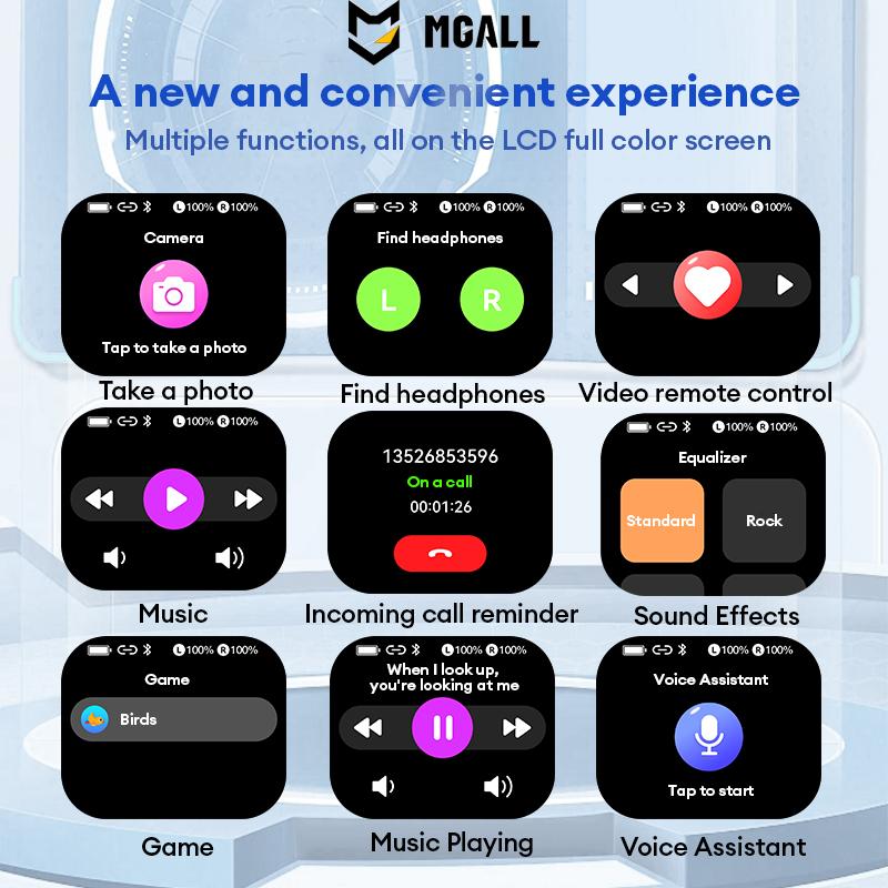 MGALL Y49 Multifunctional Wireless Headphones with Bluetooth 6.0, Colorful LCD Smart Touch Screen, Personalized Screensaver, Hi-Fi Sound, IPX5 Waterproof, Ideal for Office, Study, Sport & Calls